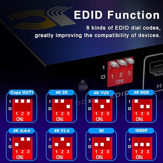 HDMI Splitter 1 in 4 Out, JCHICI HDM1 Switcher Splitter 4K@60Hz 4:4:4, HDMI Spliter for Dual Monitors, EDID Control, Compatible with Xbox PS4 Blu-Ray Player HDTV (1 Source onto 4 Displays)