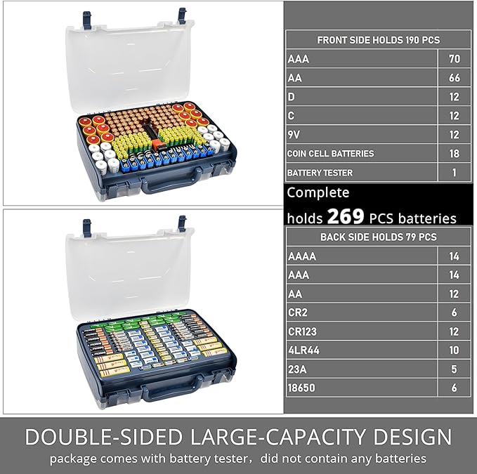 Aptbyte Battery Organizer Storage Holder Box Case with Tester- 269 Batteries Double-Sided Variety Pack, Holds AA AAA 4A C D Cell 9V 3V Lithium LR44 CR2 CR123 CR1632 18650 Button- Blue (Box Only)