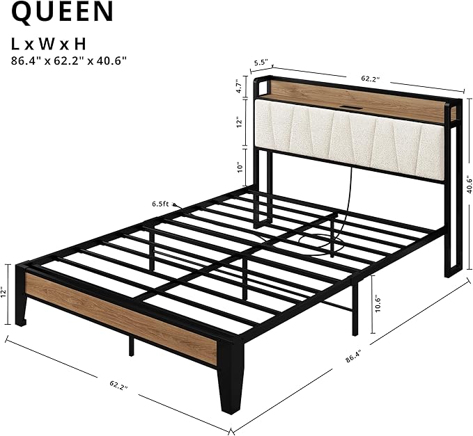 LIKIMIO Queen Bed Frames, Storage Headboard with Charging Station, Solid and Stable, Noise Free, No Box Spring Needed, Easy Assembly, Wood and Cream