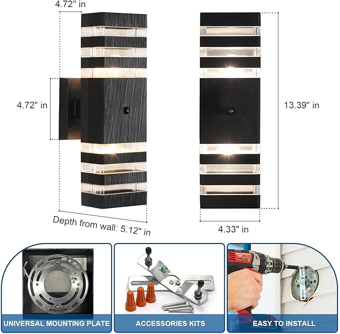 Delicavy Dusk to Dawn Sensor Outdoor Wall Lights Up Down Porch Lights Modern Exterior Light Fixtures Photocell Waterproof Black Aluminum Housing for Front Porch, Patio, Garage (Use Two E26 Bulbs)