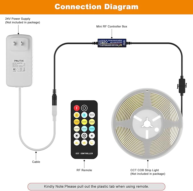PAUTIX RF Remote Dimmer CCT Tunable COB LED Strip Lights,17-Key Wireless Remote and Controller DC 5-24V for CCT COB LED Tape Lights,Timer Function