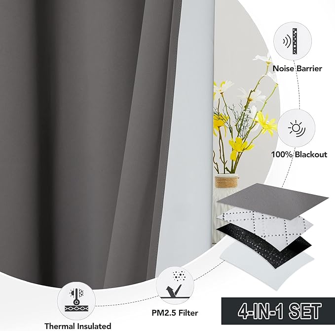 RYB HOME Soundproof & Dust Particle Filtering Curtains Total Blackout Thermal Insulated Window Treatment Anti Dust Air Filter Drapes for Living Room Laundry Room Bedroom, Grey, W52 x L84 inch, 2 Panel
