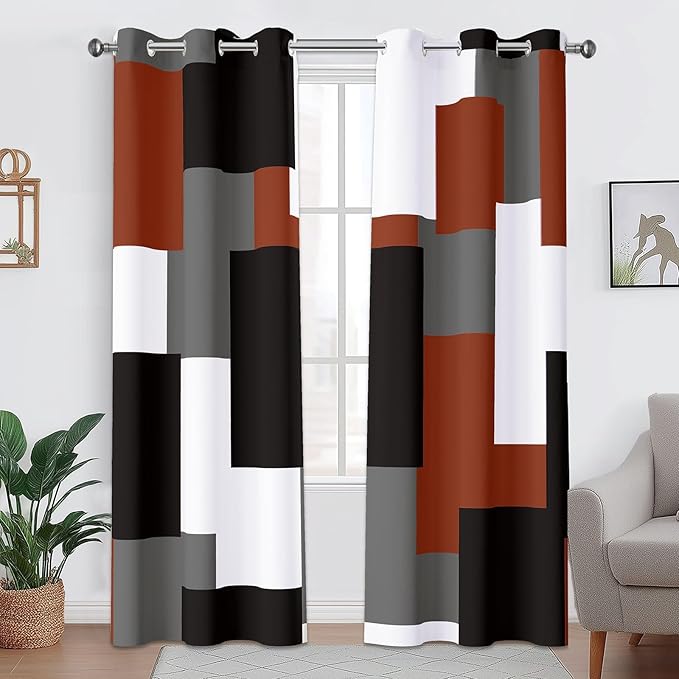 Burnt Orange 100% Blackout Curtains for Bedroom 84 inch Length 2 Panels Set Grey Modern Abstract Geometric Fall Black Out Curtains Insulated Room Darkening Window Drapes for Living Room, 42Wx84L