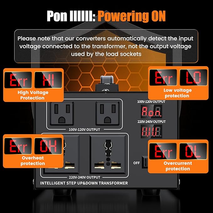 1500W Voltage Converter Transformer Step Up 110V/120V to220V/240V or Step Down 220V to 110V AC Power Converte, Circuit Breaker Protection, 2 US sockets, 2 Universal sockets, LCD Display