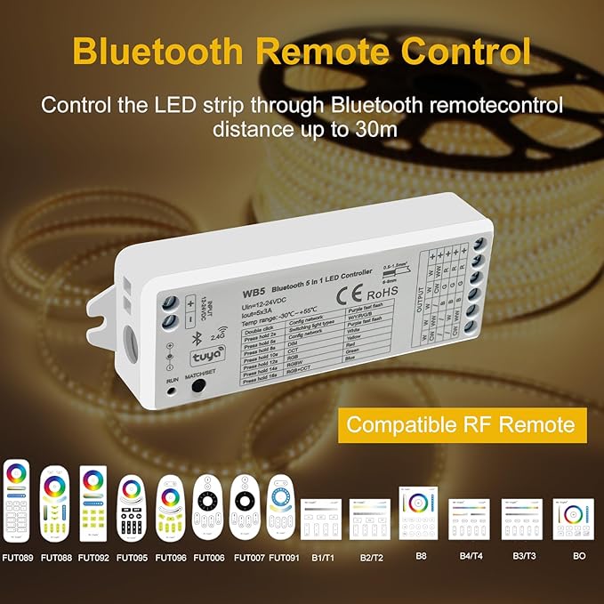 icever (2 Pack) 5in1 WB5 LED Controllers Bluetooth Control 2.4GHz Dimmable CCT RGB RGBW RGBCCT COB LED Strips - Compatible with Tuya App Echo Alexa Google Home Voice Control