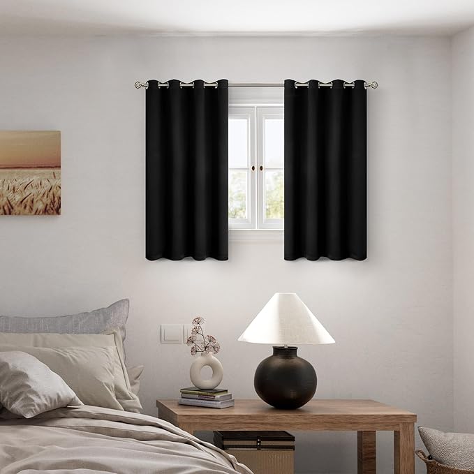 BGment Short 100% Blackout Curtains for Bedroom, Thermal Insulated Energy Efficiency Noise Reducing Grommet Curtains 45 Inch Length with Liner for Small Window 2 Panels Each 52 Inch Wide, Black
