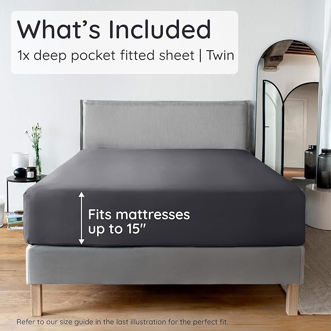Bambaw 100% Viscose Derived from Bamboo Fitted Sheet Twin Size, Cooling Fitted Sheet with Corner Straps, Twin Mattress Fitted Sheet Only, 15’’ Deep Pocket Single Fitted Sheet Twin Size (Charcoal)