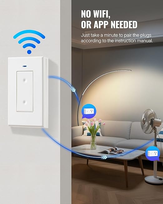 WILAWELS Remote Control Outlet Wireless Light Switch, Removable Remote Outlet Switch Kit for Lamps, Lights, Appliance, Expandable, 100ft RF Range, FCC Listed (1 Controller + 2 Outlets) W08RC1206