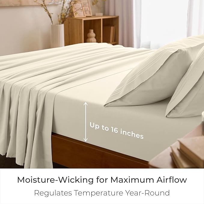 Mellanni Full Sheet Set - 6-Piece Iconic Collection Bedding, (Including 4 Pillowcases), 16-Inch Deep Pocket, Easy Care, Extra Soft, Cooling Sheets, Brushed Microfiber - Golden Ivory