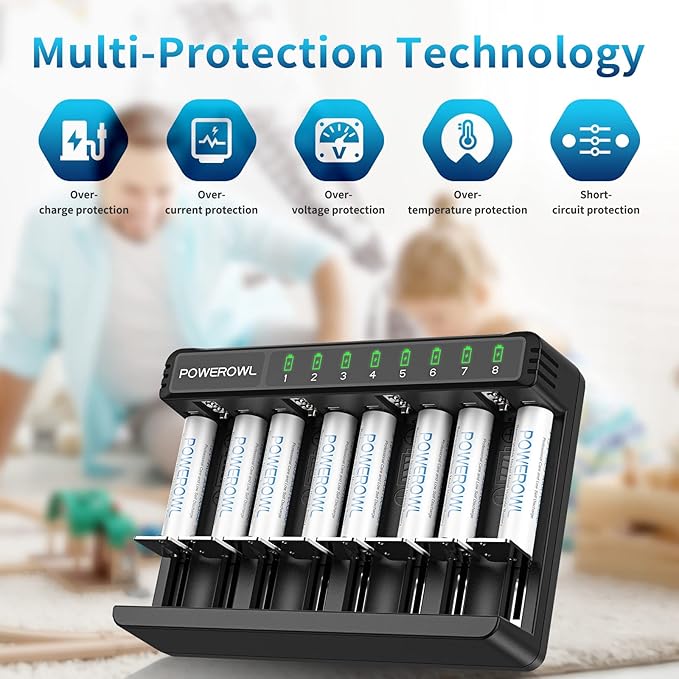 POWEROWL Rechargeable AAA Batteries Kit - 8 Pack 1000mAh High Capacity Low Self Discharge NiMH Double A Battery with 8 Independent Slots Charger