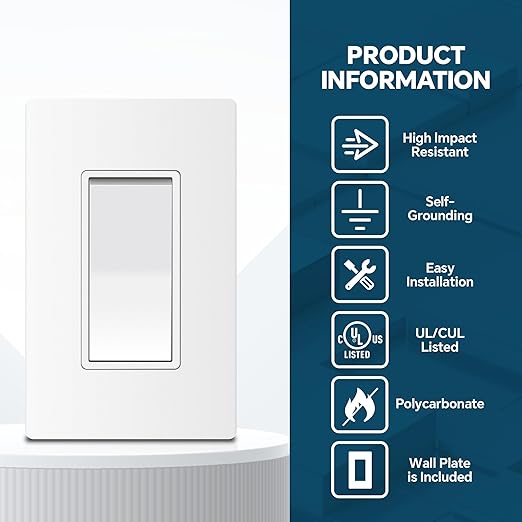 ThunderWay 3 Way Matte White Light Switch with Cover Plate, 15A 120/277 V Three Way Decorative Paddle Switches, Self-Grounding, Residential and Commercial Grade, UL Listed, 10 Pack
