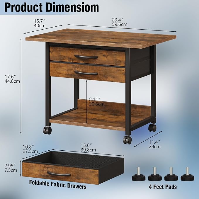 VENNQD Large Printer Stand with Storage Fabric Drawer Under Desk Printer Table with Wheels for Home Office, Printer Cart fit Fax Machine Scanner 23.4"x15.7"(Rustic Brown, 2 Tiers)