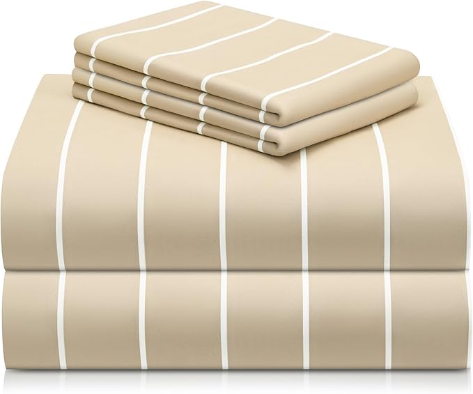 LuxClub 4 PC King Sheet Set, Deep Pockets Wrinkle Free Cooling Bed Sheets Hotel Bedding for Women, Men, Includes 1 Fitted Sheet, 1 Flat Sheet and 2 Pillowcases-Striped - Cream