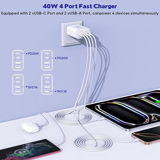 2Pack iPhone 17 16 15 Pro Max Fast Charging Block,6FT USB C to C Woven Cable Cord 40W USB C Apple Charger 4 Port PD&AC Charger Block Fast Charging for iPhone 17 Air/16e/17/16 /15 Plus/Pro/Pro Max/iPad