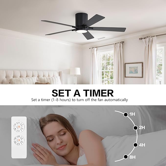 WINGBO 48" DC Flush Mount Ceiling Fan with Lights, 6-Speed Reversible DC Motor, 3CCT, Low Profile Hugger Ceiling Fan for Living Room Bedroom Kitchen, Black Finish and Black/Walnut Blades