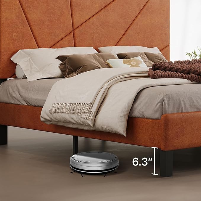 Upholstered King Size Platform Bed Frame with Faux Leather Padded Headboard, Sturdy Metal Slats Support, No Box Spring Needed, Vintage Brown