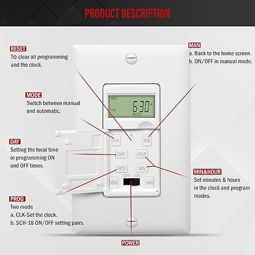 ENERLITES Programmable Digital Timer Switch for Lights, Fans, Motors, 7-Day 18 ON/OFF Timer Settings, Single Pole, Neutral Wire Required, UL Listed, HET01-C, White, 2 Pack