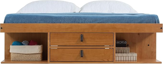 memomad Bali Slim Set: Storage Platform Bed with Drawers + Flat Panel Headboard (Full Size, Oak Brown Wood)