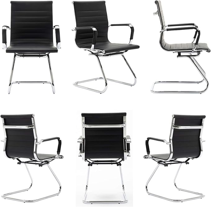 Wahson Office Guest Chairs Set of 8, Leather Reception Chairs, Mid Back Waiting Room Chair, Conference Chairs with Sled Base, Desk Chair No Wheels for Meeting/Lobby/Restroom, Black