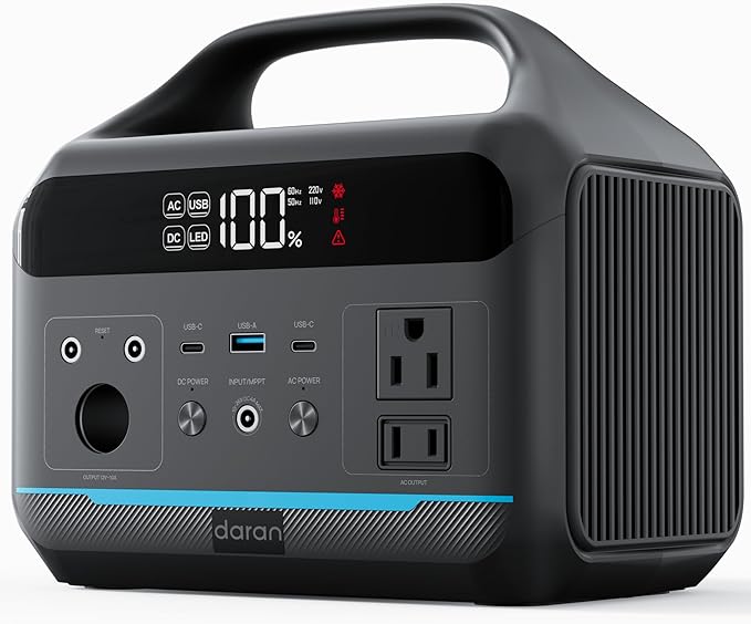 DARAN Portable Power Station 600W(1200W Surge) - 288Wh(90,000mAh) Solar Generator LiFePO4 Battery with AC DC Outlets, 8.3LB Portable Charging Station for Camping, RV, Home, Emergency (Solar Optional)