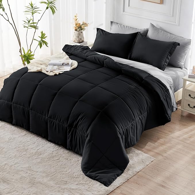 JOLLYVOGUE Full Comforter Set, Ultra-Soft Bed in a Bag Full Size 7 Pieces, Oeko-TEX Certified Bedding Set with Down Alternative Comforter, Sheets, Pillowcases & Shams, Black & Light Grey