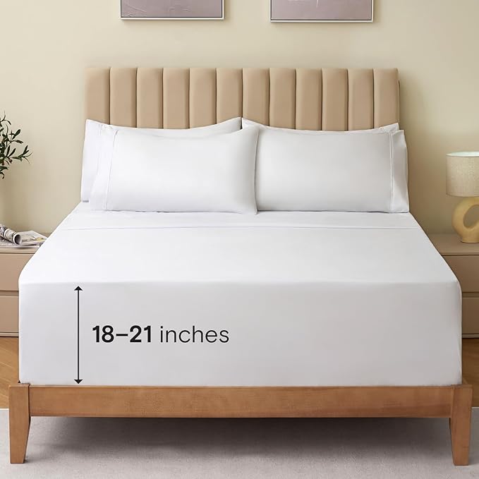 LuxClub 4 PC Extra Deep Pocket Full Sheet Set, Deep Pockets Wrinkle Free Cooling Bed Sheets Hotel Bedding for Women, Men, Kids & Teens, Includes 1 Fitted Sheet, 1 Flat Sheet and 2 Pillowcases- White
