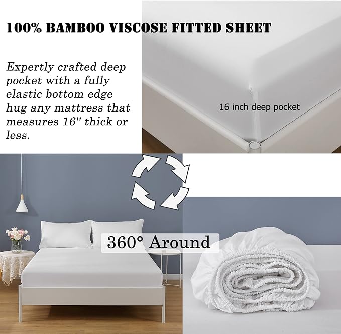 Linen World Cooling Bed Sheets Set Queen Size,100% Organically Grown Viscose Sheets,Deep Pocket Up to 16",4 Pieces Silky Soft,Breathable Bedding Sheets & Pillowcases(White,Queen)