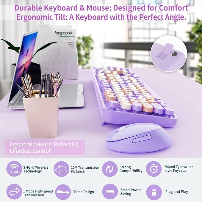 Nowlike Wireless Keyboard and Mouse Combo, Retro Typewriter Keyboard with Round Keycaps, Full-Size Ergonomic, Purple, Ideal for Windows PC, Home, Office, and College
