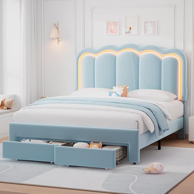 Velvet Upholstered Queen LED Bed Frame with 2 Storage Drawers and Adjustable Chic Double Wavy Headboard, Princess Platform Bed with Charing Station, Solid Wood Slats Support,No Box Spring Needed,Blue
