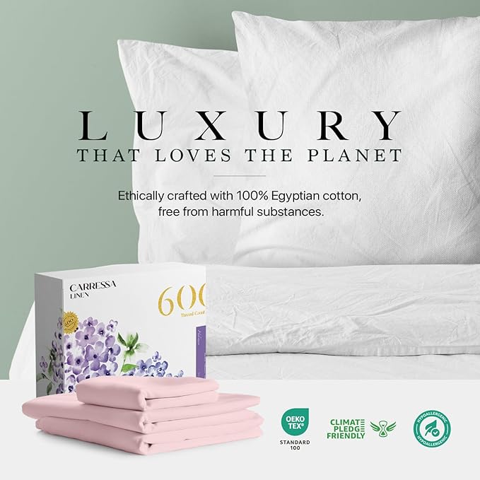 Carressa Linen 100% Egyptian Cotton Twin XL Sheets Set - 600 Thread Count Luxury Egyptian Cotton Sheets Twin XL Size (3 PC, Soft Blush), 16" Deep Pocket, Soft, Cooling, Sateen Weave Dorm Room Bedding