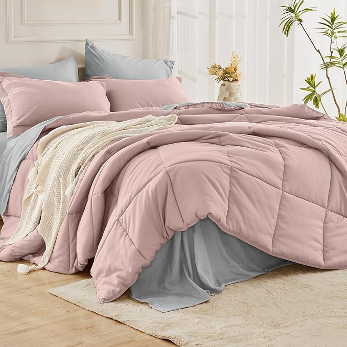 JOLLYVOGUE California King Comforter Set, Ultra-Soft Bed in a Bag Cal King Size 7 Pieces, Oeko-TEX Certified Bedding Set With Down Alternative Comforter, Sheets, Pillowcases & Shams, Pink & Light Grey