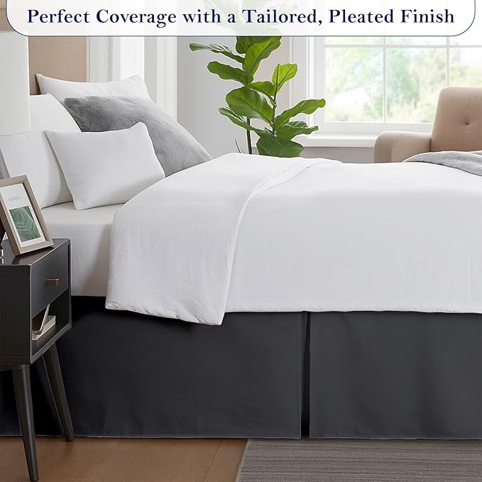 Queen Bed Skirt, Luxury 12 Inch Drop Dark Grey Pleated Bed Skirt, Double Brushed Microfiber, Box Pleat Design, Wrinkle & Fade Resistant, Easy Fit Tailored Bedskirt for Queen Size Beds