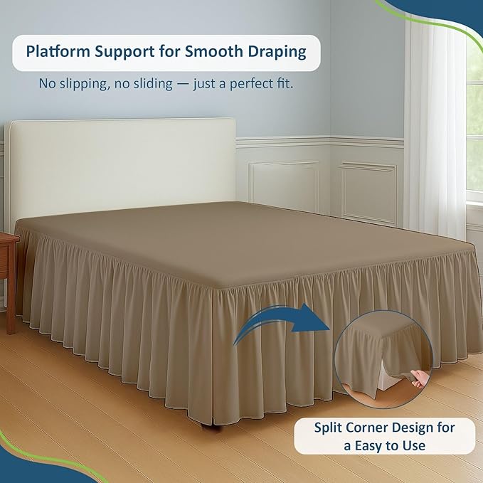 Rajlinen Ruffled Bed Skirt Twin XL, 14 Inch Drop Dust Ruffle with Split Corners, 100% Microfiber Bedskirt with Platform, Three-Sided Coverage Ruffled Gathering Design, Taupe