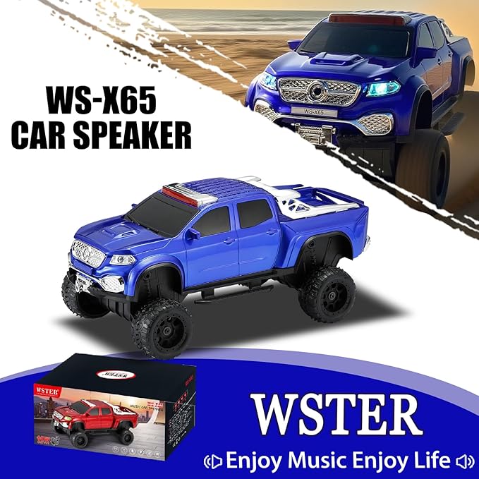 WSTER WS-X65 Pickup Truck Replica Bluetooth Speaker – HD Sound, FM Radio, TWS Stereo, LED Party Lights, USB/TF Playback, Built-in Mic – Cool Portable Car Design Speaker for Outdoors & Home (Blue)
