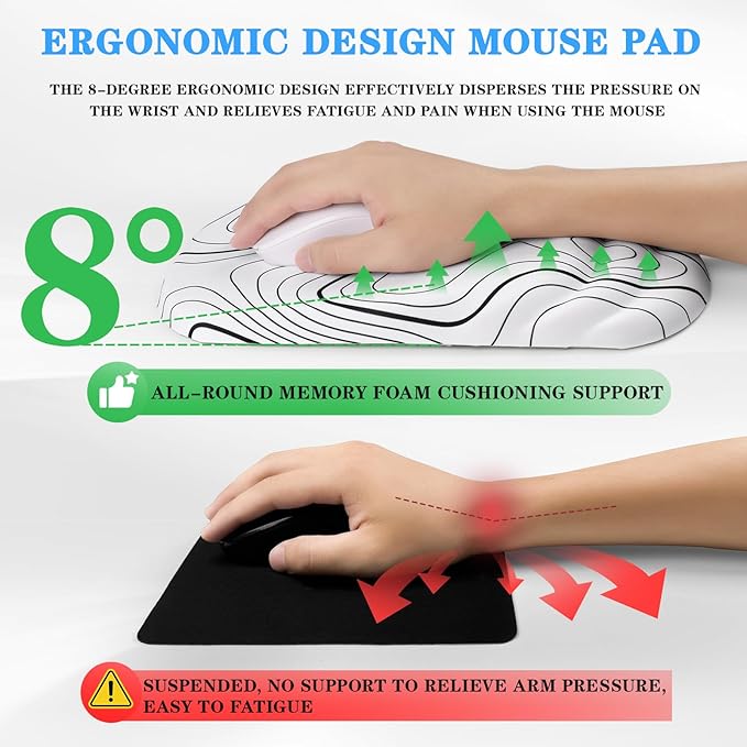 Mouse Pad Wrist Wrist Rest, Comfortable Memory Foam Wrist Rest, Non-Slip PU Base, Ergonomic Wrist Support and Arm Rests for Gaming, Office, Computer Use, Relieve Typing Pain (White Line)