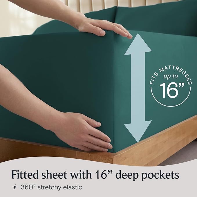 LuxClub 5 PC Split King Sheet Set, Deep Pockets Wrinkle Free Cooling Bed Sheets Hotel Bedding for Women, Men, Includes 2 Fitted Sheet, 1 Flat Sheet and 2 PillowcasesSoft Emerald