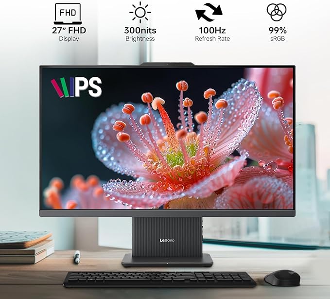 Lenovo IdeaCentre Business All-in-One PC, 27" FHD 100Hz Display, AMD Ryzen 7 8845HS, 16GB DDR5 RAM, 1TB SSD, Wi-Fi 6, Win11 Home, Wireless KB & M, Copilot-Ready, Bundle with Adata UC310 64GB