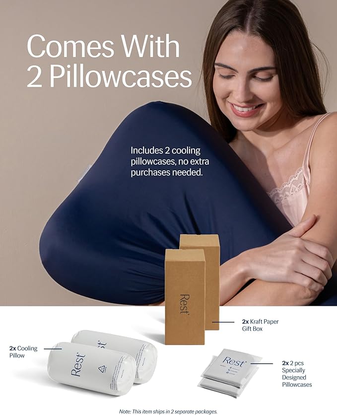 REST® Evercool® Cooling Pillow, Set of 2, Instant Cool-to-Touch Shell Fabric & Breathable Silicone Sponge Core for All-Night Temperature Regulation & Ergonomic Support, Medium Height, Light Gray