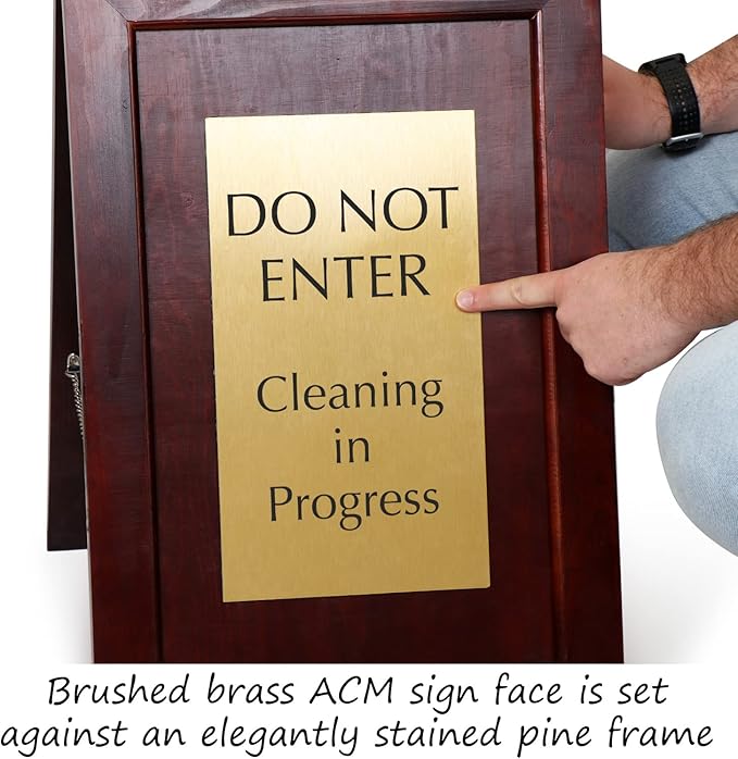 SmartSign (2-Pack) Premium "Do Not Enter Cleaning in Progress" Wooden A-Frame Standing Floor Sign, 2-Sided, 24" x 15", Hardwood Pine Frame, 120 mil Brass ACM Sign Face, Black on Gold, Made in USA