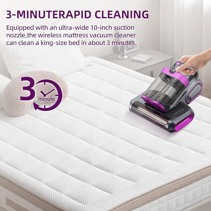 BESTING Mattress Vacuum Cordless with 16Kpa Suction & HEPA Dust Cups, 253.7nm UV-C Light & Ultrasonic, Low Noise Widened Suction Port Handheld Vacuum for Bed Pillows Couch Car Seat Rugs, Gray Purple