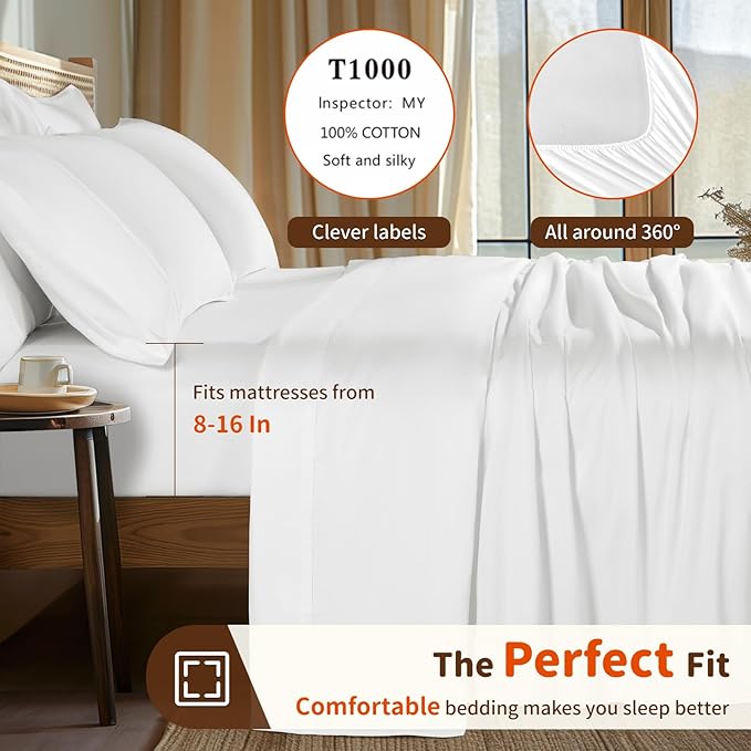 LBRO2M 1000 Thread Count 100% Egyptian Cotton Sheets Set 6 Piece Sets California King Bed Sheet Deep Pocket Sheet Set 16" Soft Comfortable All Season (California King, White)