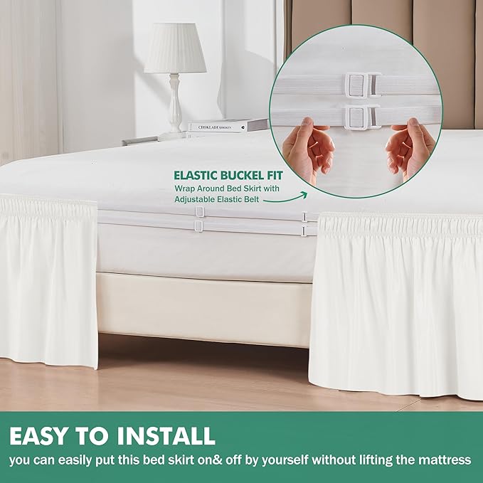 Biscaynebay Wrap Around Bed Skirts with Split Corners for King Beds 15" Drop, Ivory Adjustable Elastic Dust Ruffles Easy Fit Wrinkle Resistant Silky Luxurious Fabric Machine Washable