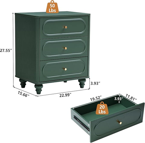 3 Drawer Fluted Dresser for Bedroom, Mid Century Modern Chest of Drawers, Wood Storage Small Dresser Organizer for Bedroom Living Room Hallway Closet, Green