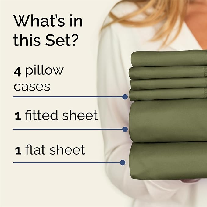 Queen 6 Piece Sheet Set - Cooling, Comfy & Breathable - Hotel Luxury Bedding, Includes Fitted Sheet for Women, Men, Kids & Teens - 1 Flat, 1 Fitted Sheet, 4 Pillowcases with Deep Pockets - Sage Green
