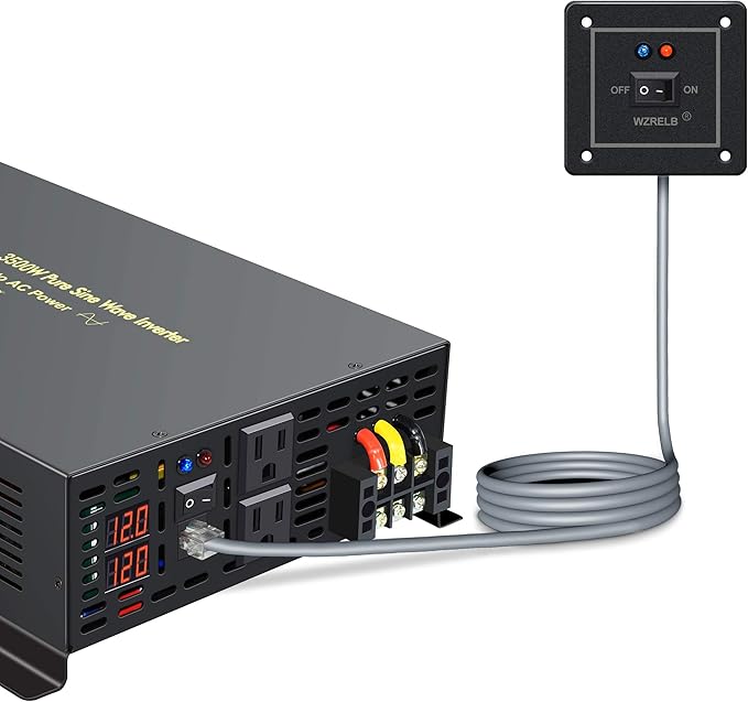 WZRELB 3500W 12VDC 120VAC Pure Sine Wave Power Inverter, 2 AC Outlets, Wired Remote Control, RV (RBP-350012WR)