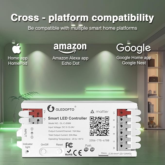 GLEDOPTO Alexa Connect Kit Matter LED Strip Light Controller RGBCCT PWM Dimming Work with Matter Echo Device Zero Touch Pairing Easy Wiring for RGBCCT Analog Strip Light (Matter Hub Require)