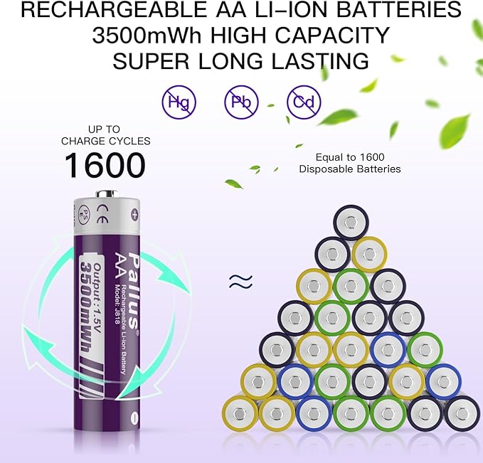 Pallus Rechargeable Lithium AA Batteries, 4 Pack 3rd Lithium Rechargeable AA Batteries, 3500mWh Double A Batteries, 1.5V Constant Voltage Output, 1600 Cycles, Long Lasting for Blink Camera, J818