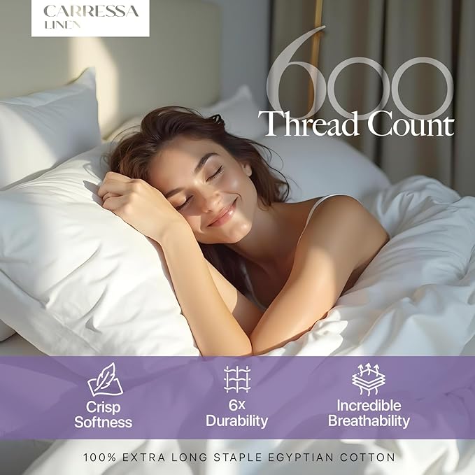 Carressa Linen 100% Egyptian Cotton Twin XL Sheets Set - 600 Thread Count Luxury Egyptian Cotton Sheets Twin XL Size (3 PC, Crisp White), 16" Deep Pocket, Soft, Cooling, Sateen Weave Dorm Room Bedding