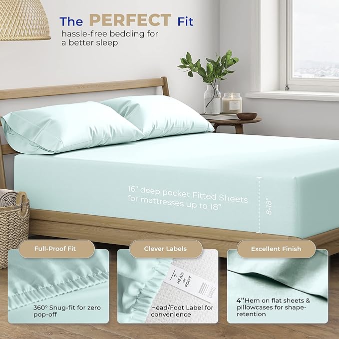 THREAD SPREAD 100% Cotton Sheets - 400 Thread Count 5 Piece Hotel Quality Sheet for Adjustable Bed, Soft, Cooling 16" Deep Pocket Split King Bed Sheet (Sea Foam)