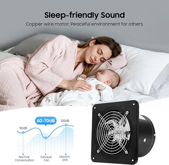 XUFOPLY 6 Inch Exhaust Fan, 110V 40W Wall Mounted Vent Fans 2600RPM Kitchen Bathroom Windows Fan Metal Extractor Fan for Attic, Garage, Window Ventilation (Black, 6 Inch)